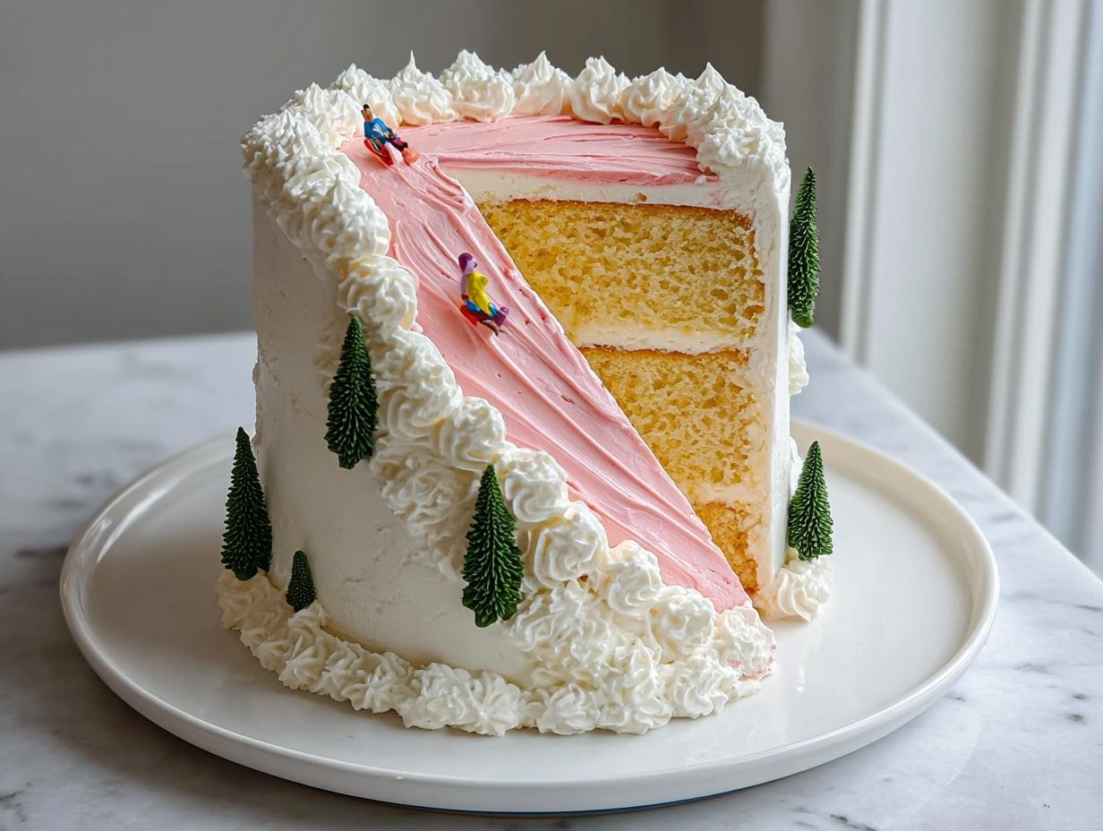 A cute small birthday cake designed as a ski slope, featuring tiny skiers and trees.