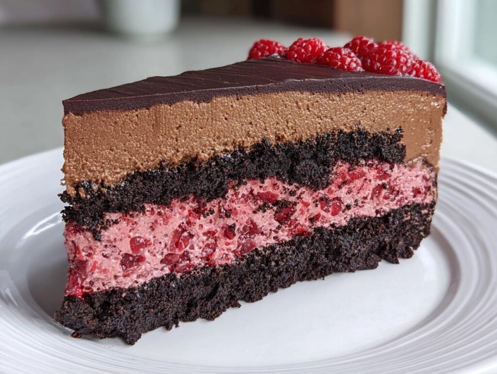 A decadent slice of Dark Chocolate Raspberry Mousse Cake, featuring layers of chocolate cake, raspberry mousse, and chocolate ganache.