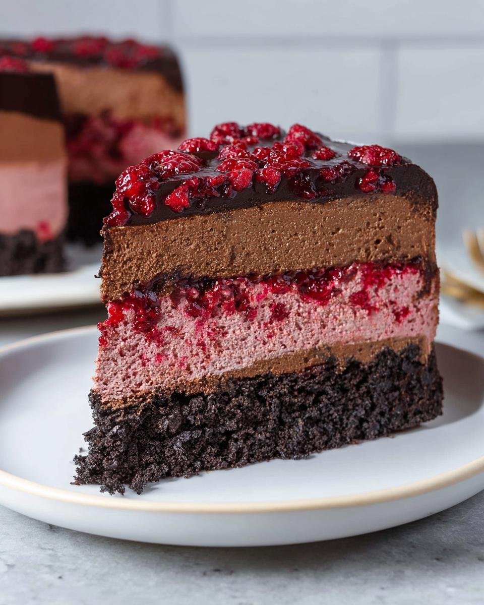 A decadent slice of Dark Chocolate Raspberry Mousse Cake with layers of chocolate, raspberry mousse, and chocolate cookie crust.