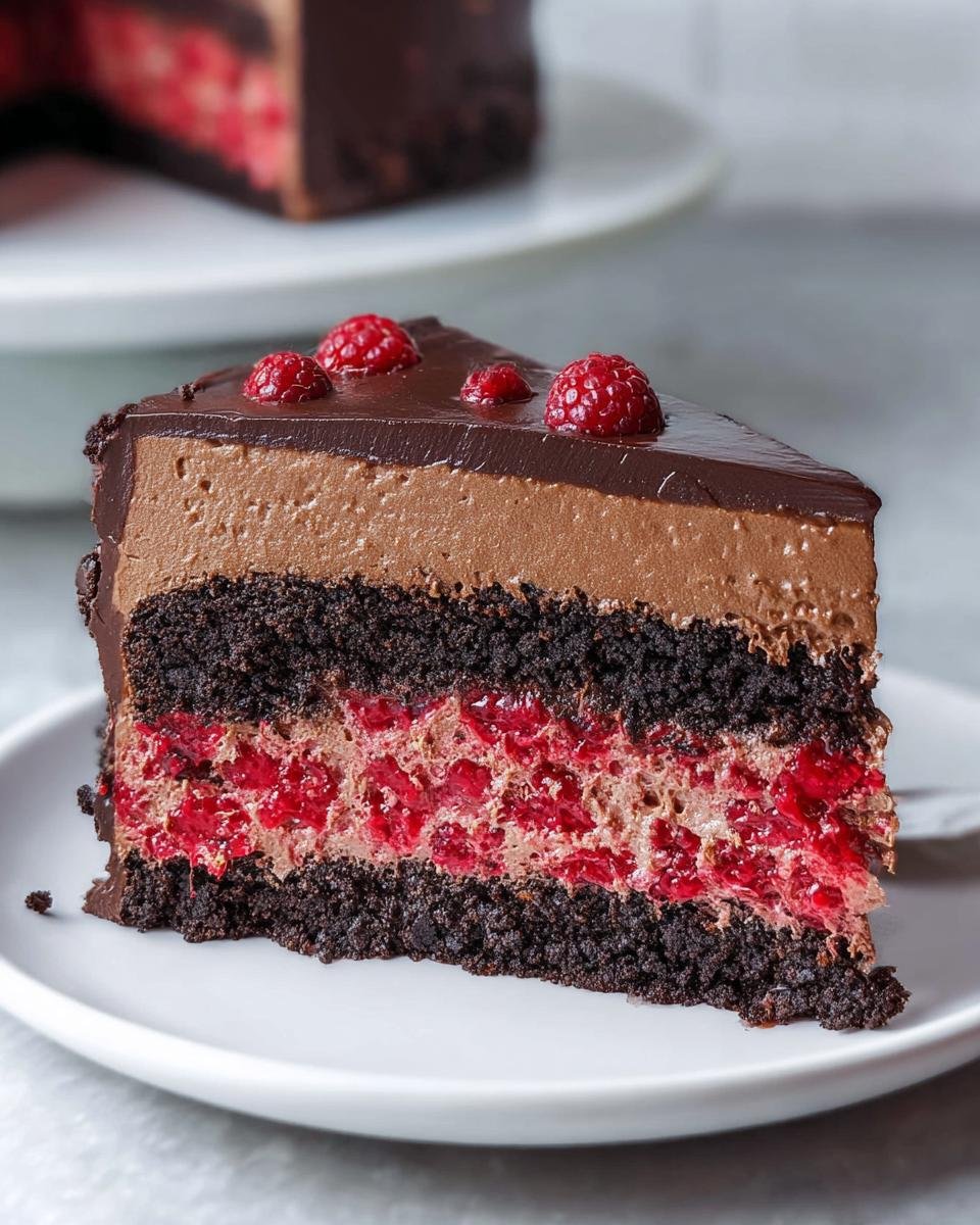 A decadent slice of Dark Chocolate Raspberry Mousse Cake, showcasing layers of chocolate cake, raspberry filling, and chocolate mousse.