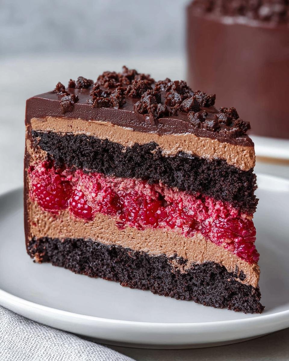 A rich slice of Dark Chocolate Raspberry Mousse Cake, featuring layers of chocolate cake, mousse, and fresh raspberries.
