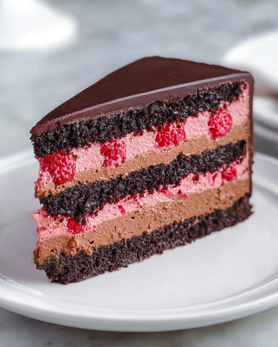 A slice of dark chocolate raspberry mousse cake with layers of chocolate cake, raspberry mousse, and whole raspberries.