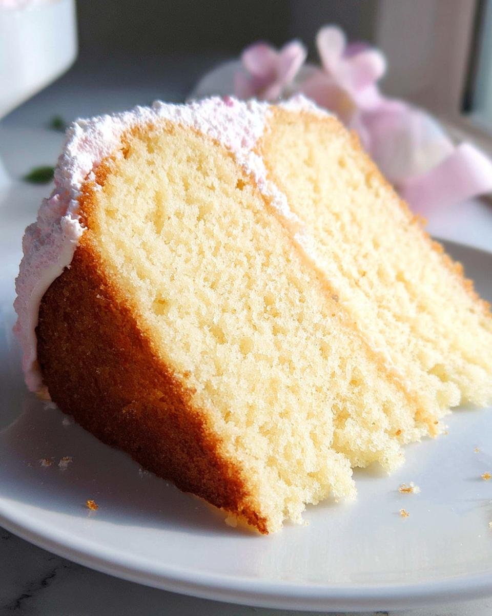 A close-up of a slice of delicious vanilla sponge cake with light pink frosting.
