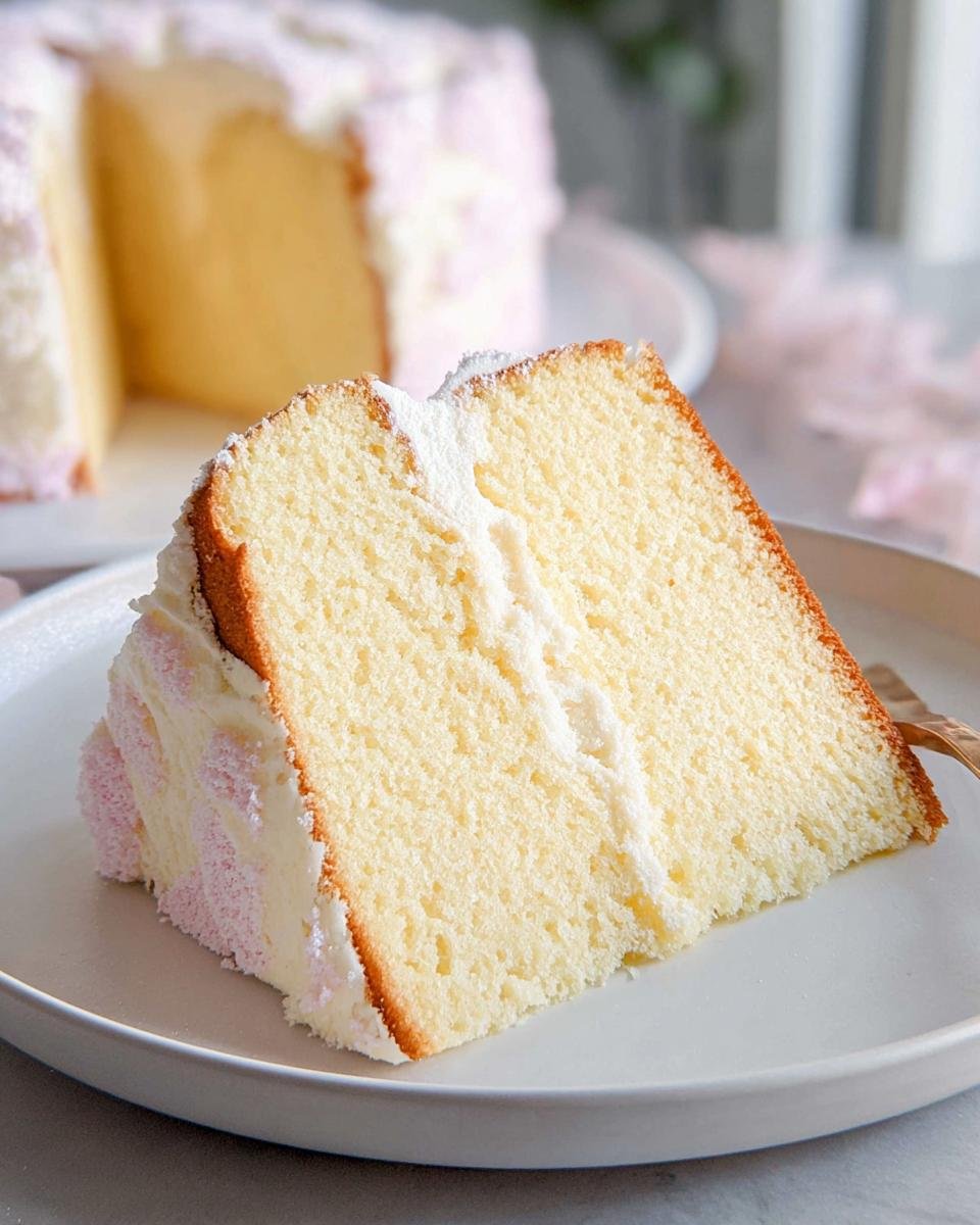 A slice of delicious vanilla sponge cake with white frosting and pink decorations, showcasing its light texture.