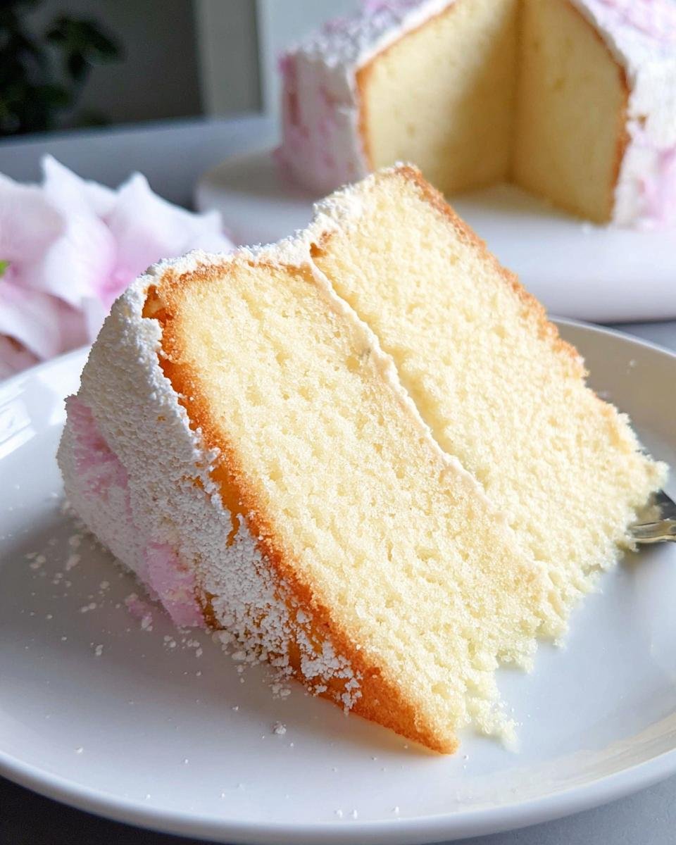 A close-up of two slices of a delicious vanilla sponge cake, with white frosting and pink accents.