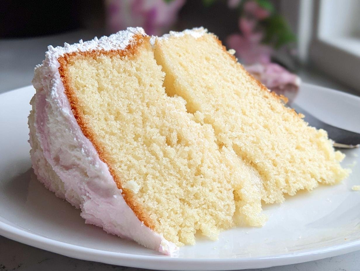 Two slices of delicious vanilla sponge cake with pink and white frosting, dusted with powdered sugar.