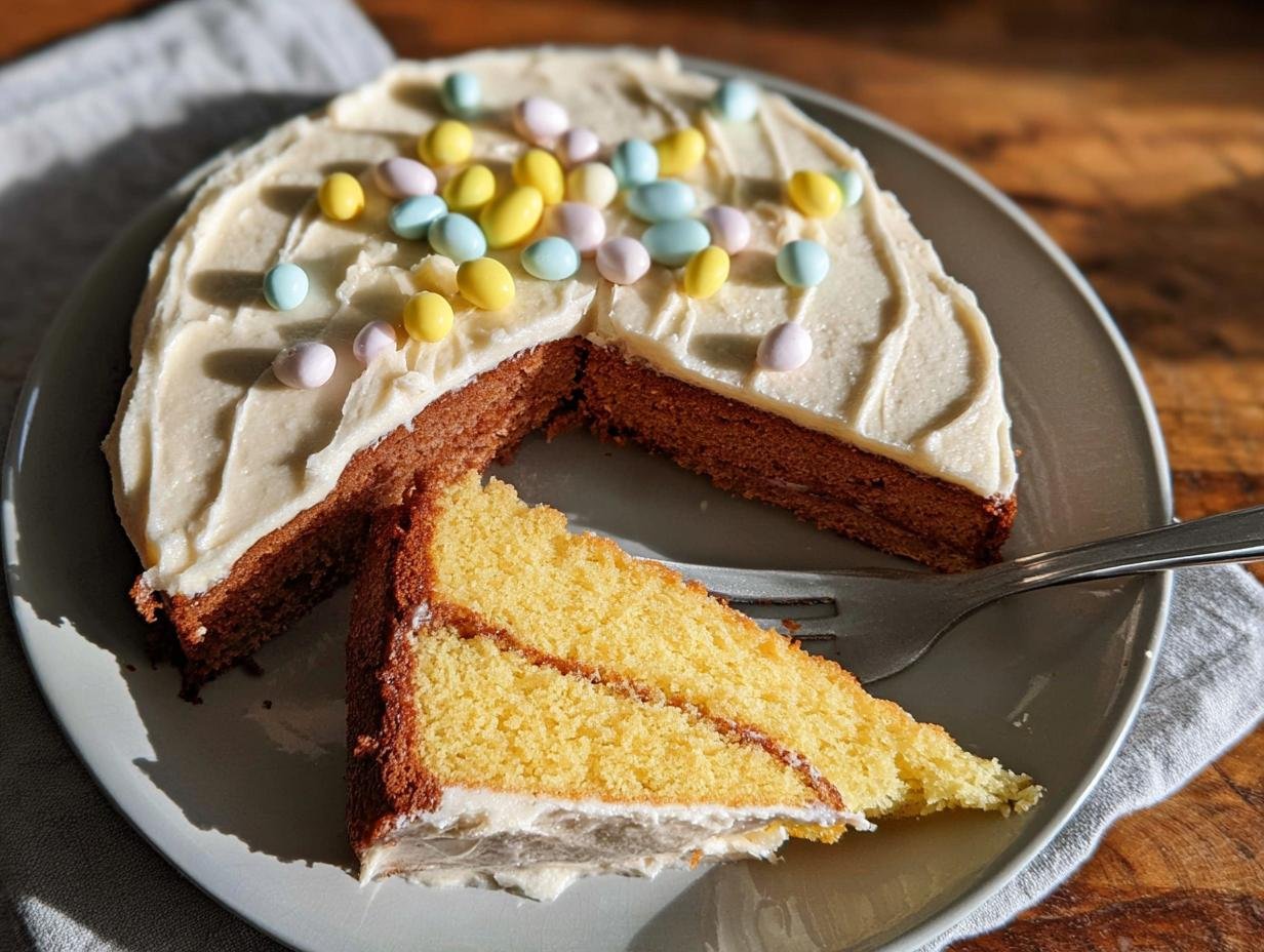 A slice of a moist easter cake recipe, topped with white frosting and colorful pastel candies.