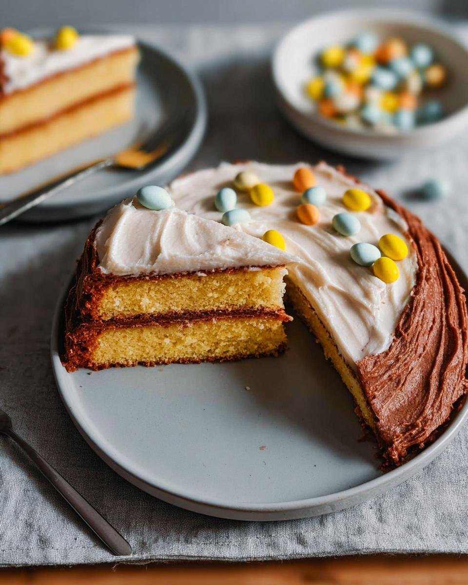 A slice of a two-layer yellow easter cake recipe with white and chocolate frosting, topped with pastel candy eggs.
