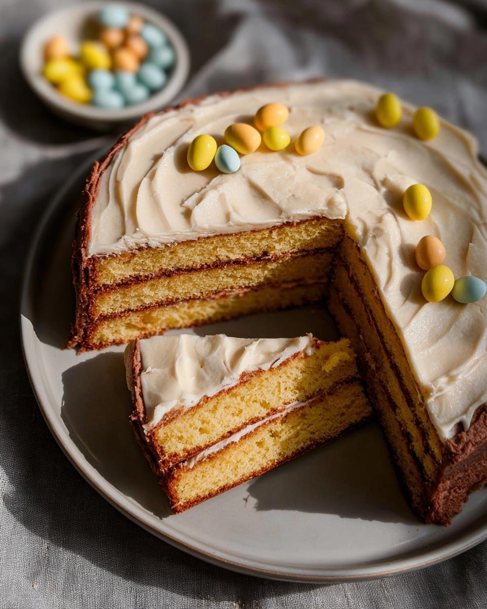 A slice of a layered yellow easter cake recipe with creamy frosting and colorful candy eggs on top.