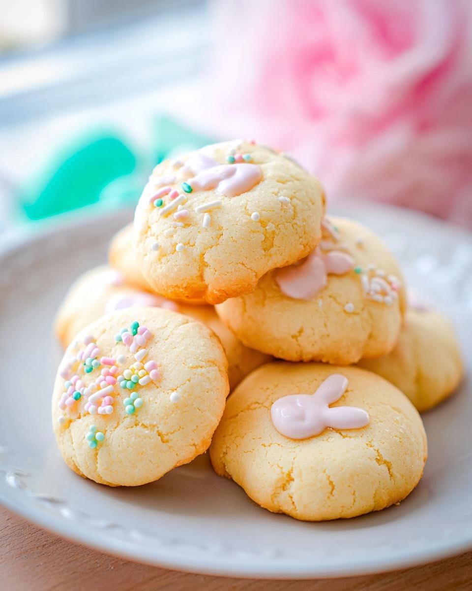 Close-up of freshly baked Easter cookies recipe, decorated with pink frosting, sprinkles, and a bunny shape.