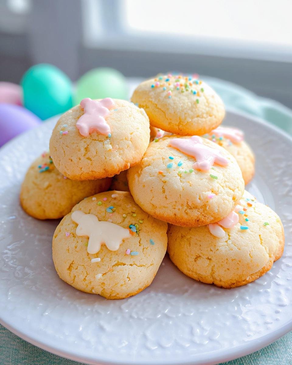 A pile of freshly baked Easter cookies topped with colorful sprinkles and festive icing shapes.