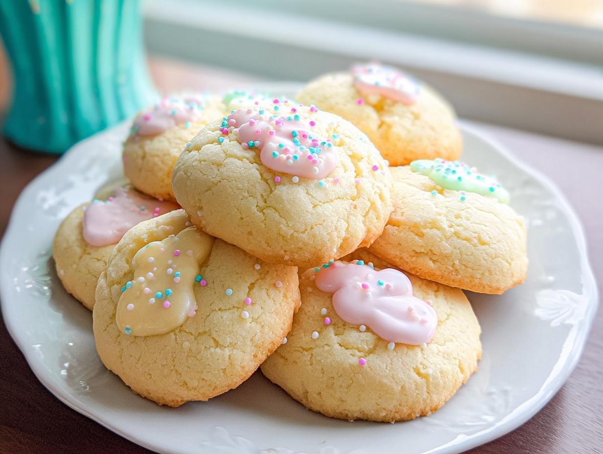 A pile of freshly baked Easter cookies topped with pastel icing and colorful sprinkles.
