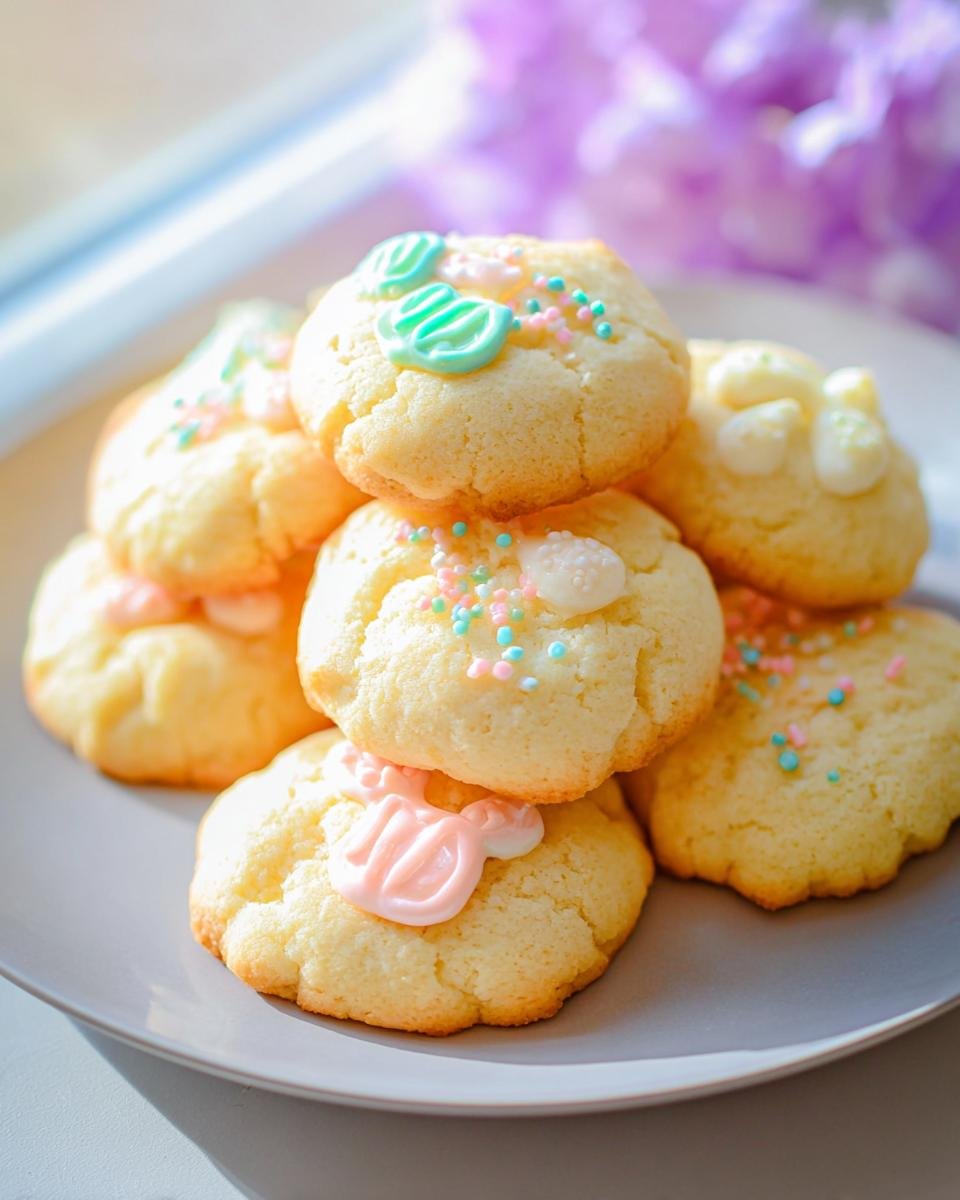 A stack of freshly baked easter cookies recipe, decorated with pastel icing and sprinkles.