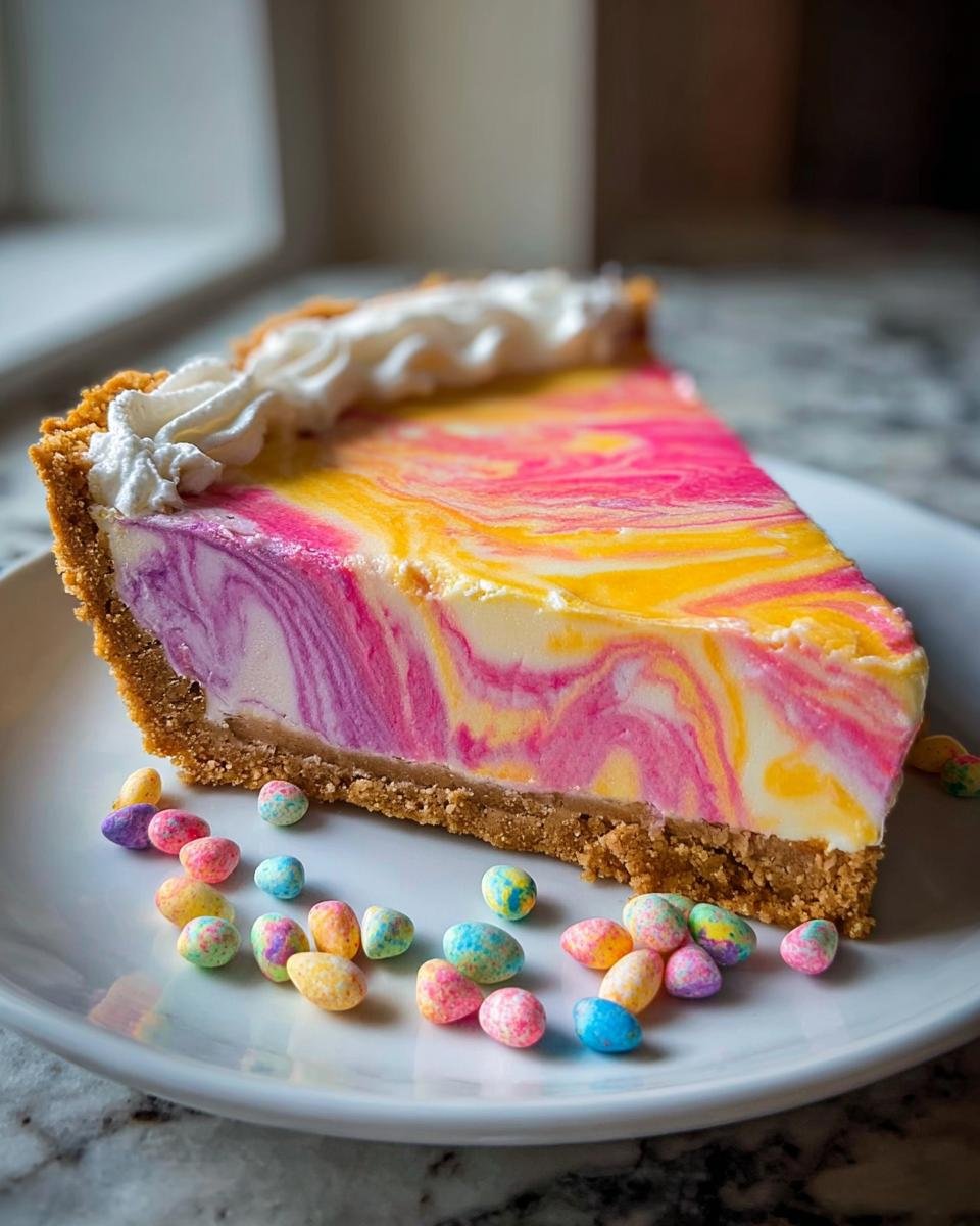 A slice of vibrant Easter swirl pie with pink, purple, and yellow swirls, topped with whipped cream and surrounded by candy eggs.