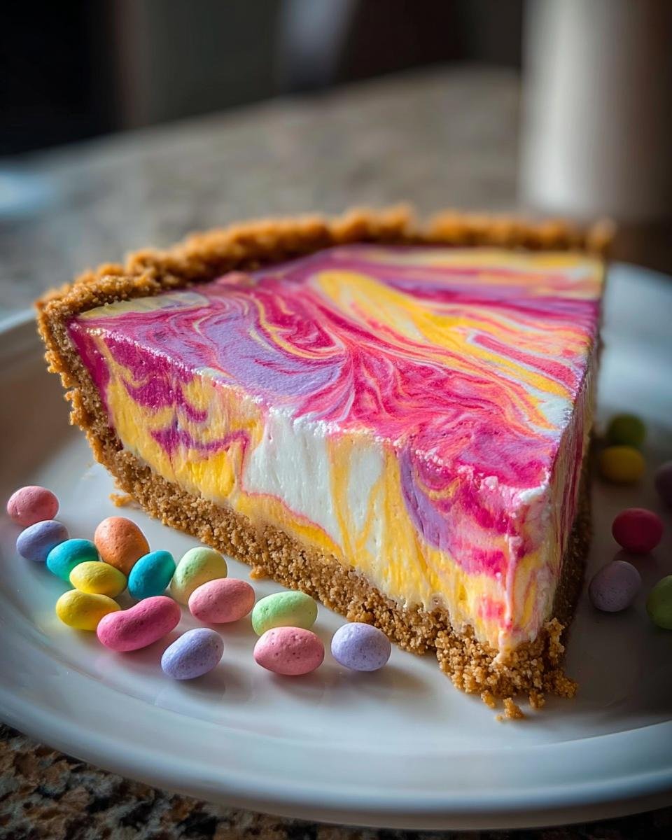 A slice of colorful Easter swirl pie with a graham cracker crust, decorated with pastel candy eggs.