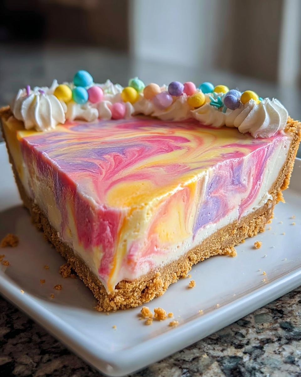 A slice of an Easter swirl pie with a graham cracker crust, topped with whipped cream, pastel candies, and sprinkles.