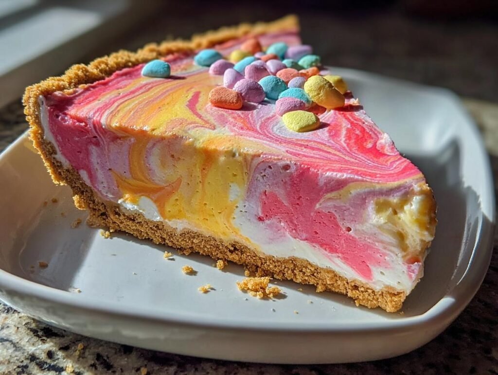 A colorful slice of Easter swirl pie, topped with pastel marshmallows, showcasing vibrant pink, yellow, and white swirls.