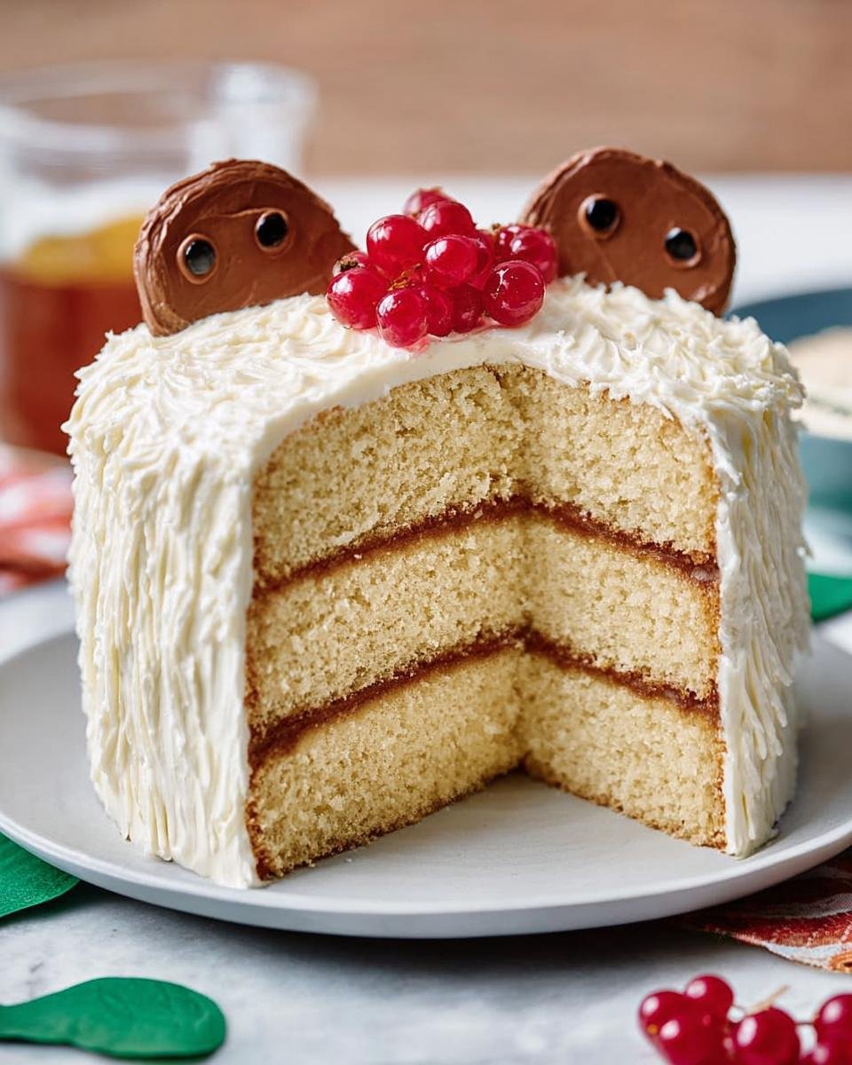 A slice of a cute bear-themed birthday cake, decorated with white frosting, chocolate ears, and red currants.