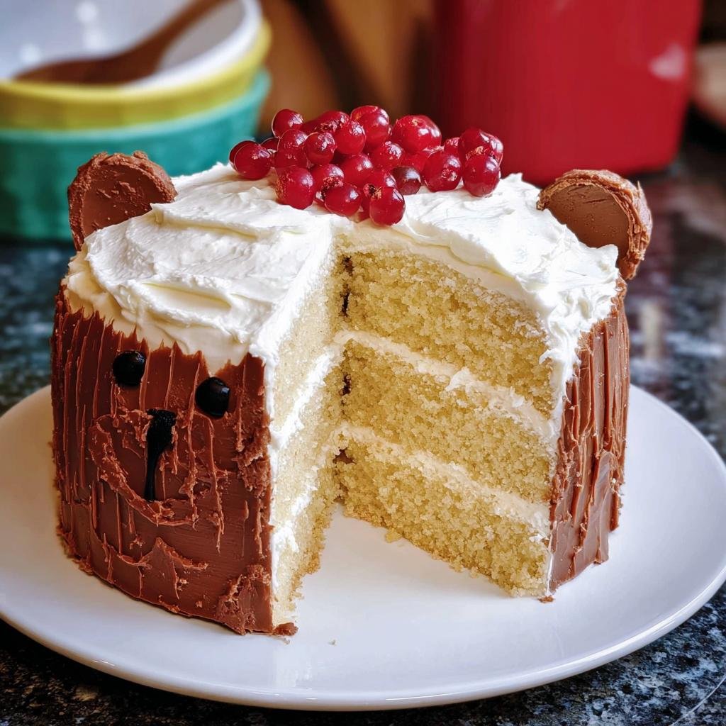 A cute bear-themed birthday cake with chocolate frosting, white icing, and red berry decoration. Features a slice removed.