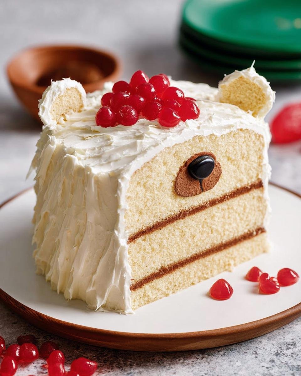 A slice of a cute polar bear themed birthday cake, decorated with white frosting and red candies.