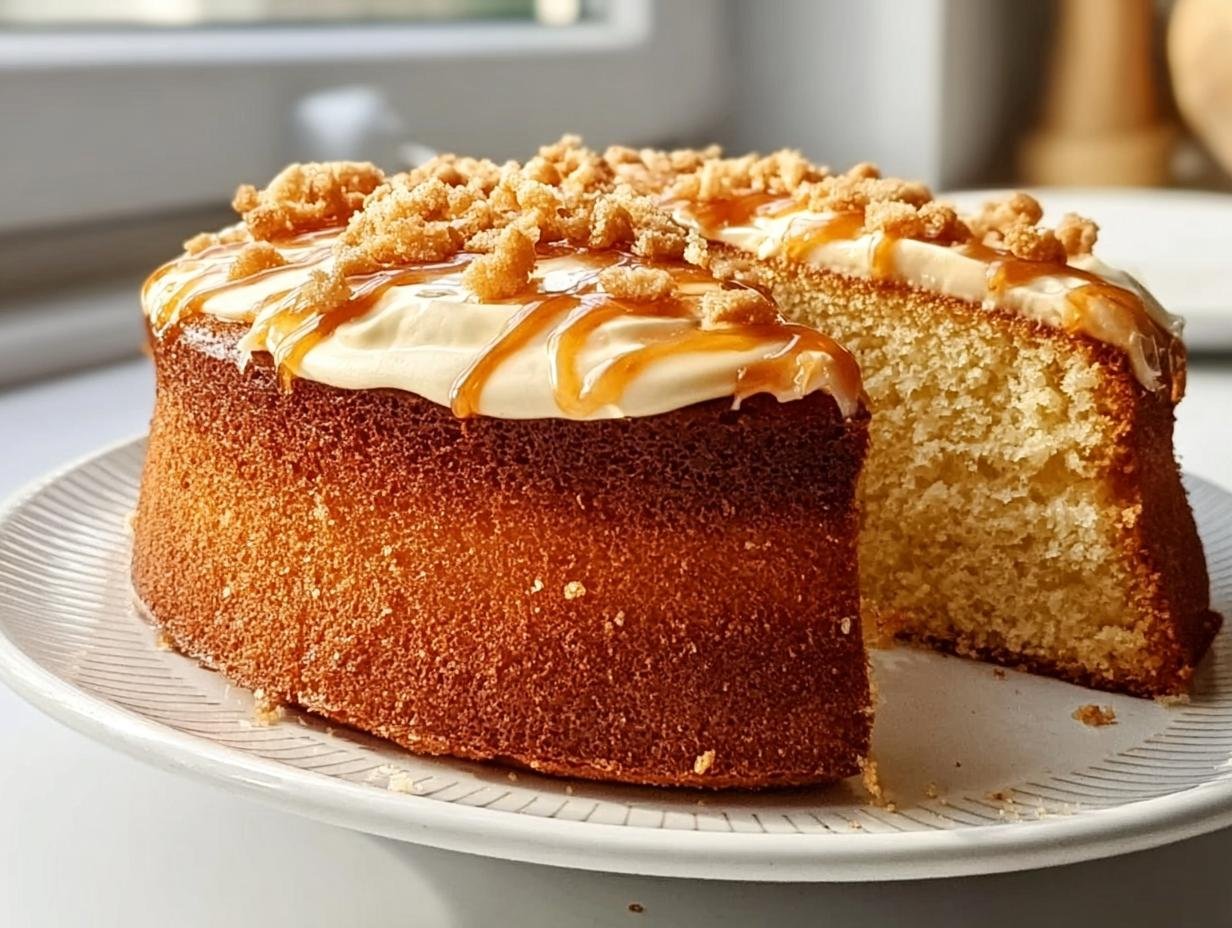 A slice of an easy cake recipe topped with cream, caramel drizzle, and crumble.