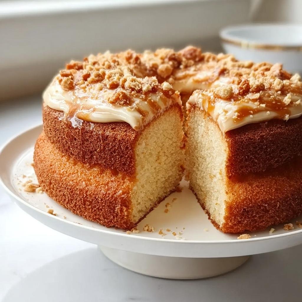 A slice of a moist and fluffy easy cake recipe, topped with caramel frosting and crunchy crumbs.