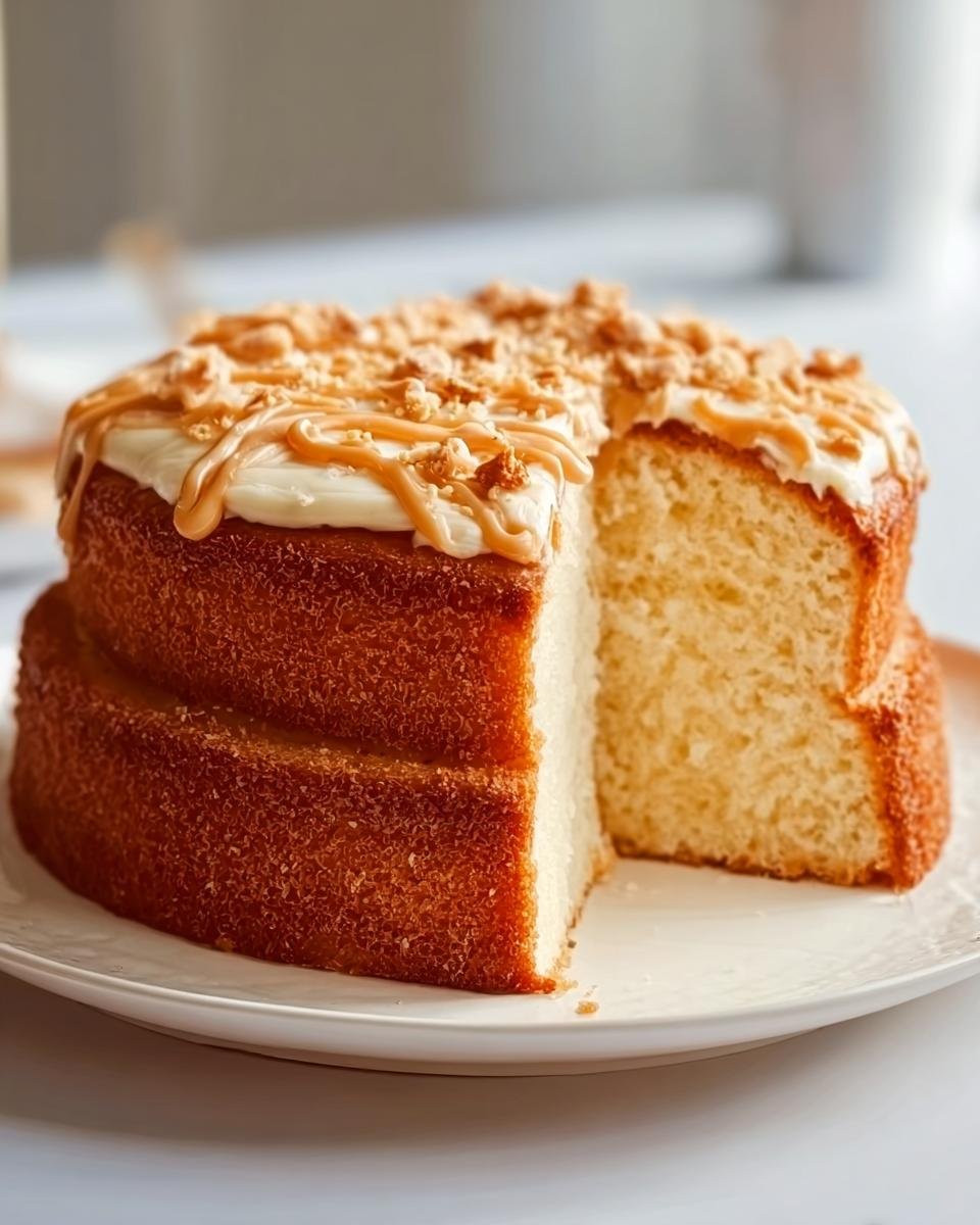 A slice of moist Easy Cake Recipe topped with white frosting, caramel drizzle, and crumble.