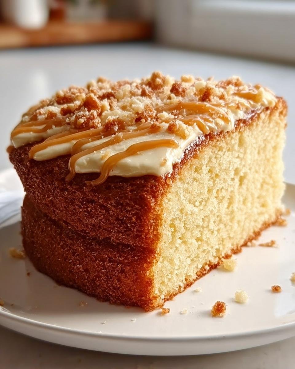 A delicious slice of an easy cake recipe, topped with frosting, crumble, and caramel drizzle.