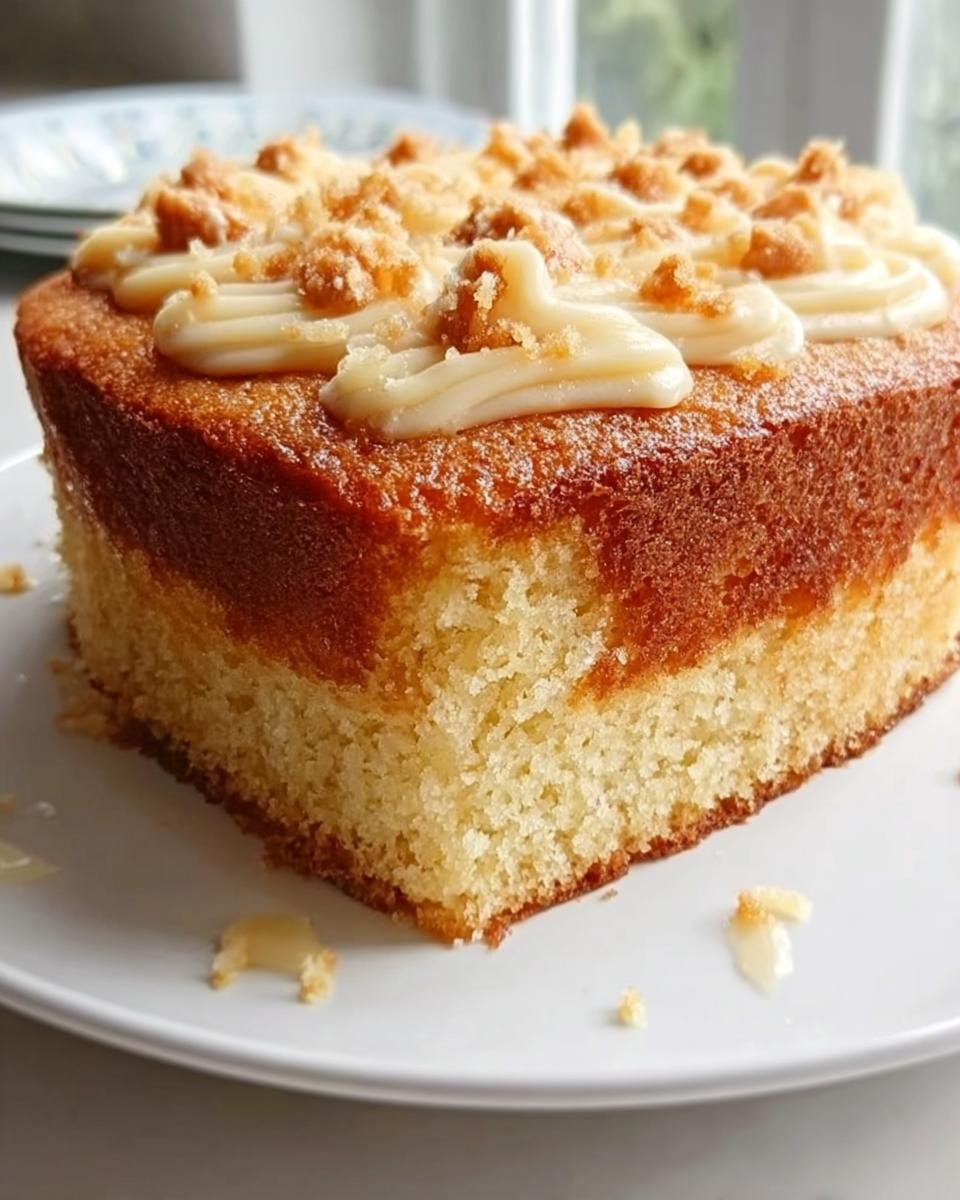 A slice of an easy cake recipe topped with creamy frosting and crumbled toppings on a white plate.