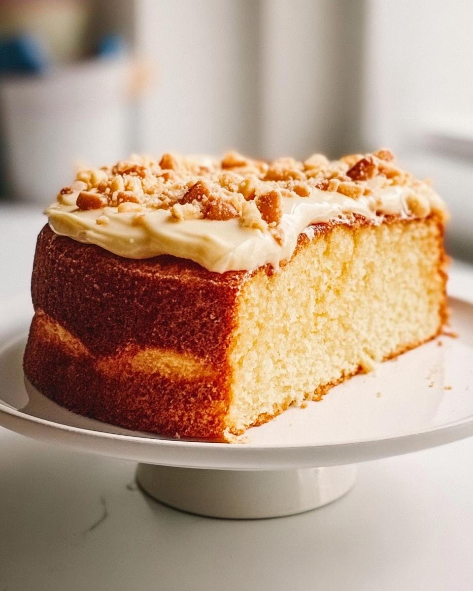 A delicious slice of an easy cake recipe, topped with creamy frosting and crunchy crumbs.