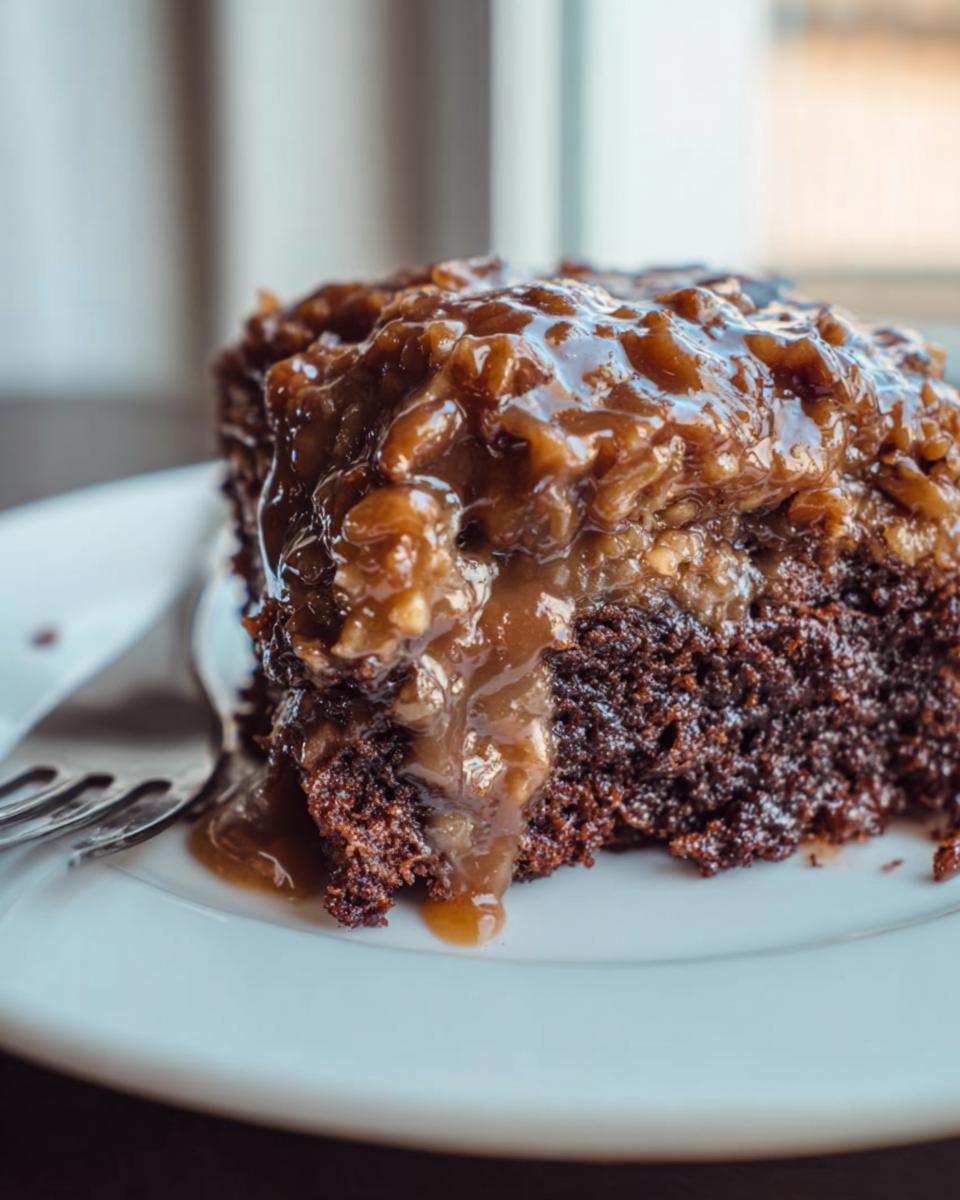 A moist slice of Easy German Chocolate Poke Cake topped with a rich, gooey coconut pecan frosting.