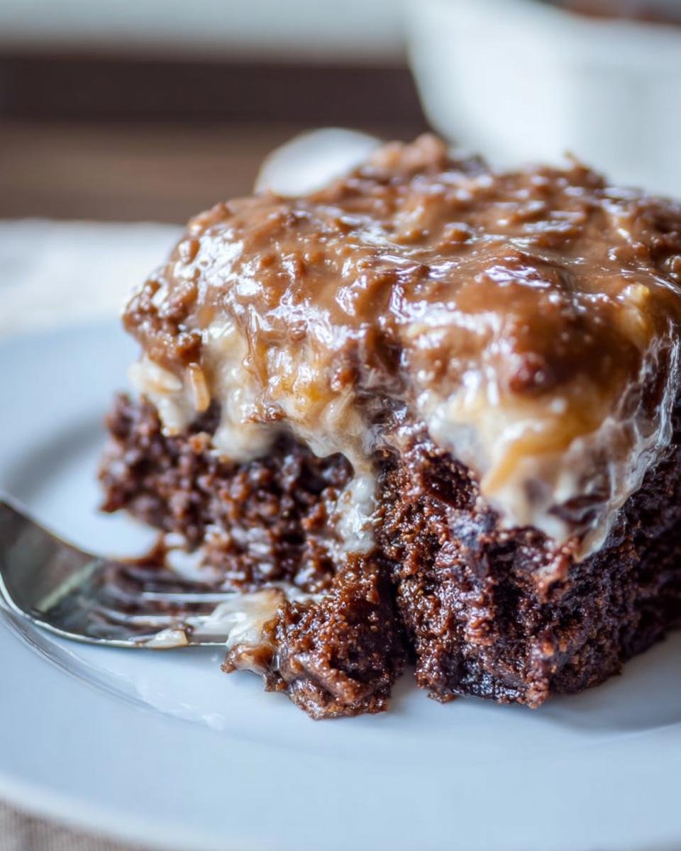 A decadent slice of Easy German Chocolate Poke Cake, topped with rich chocolate frosting and coconut pecan filling, with a fork ready to dig in.