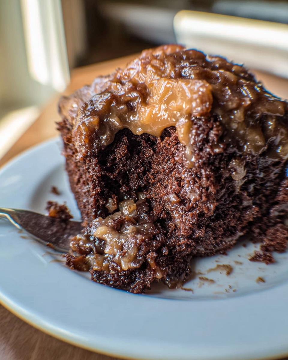 A fork taking a bite out of a moist slice of Easy German Chocolate Poke Cake topped with coconut pecan frosting.