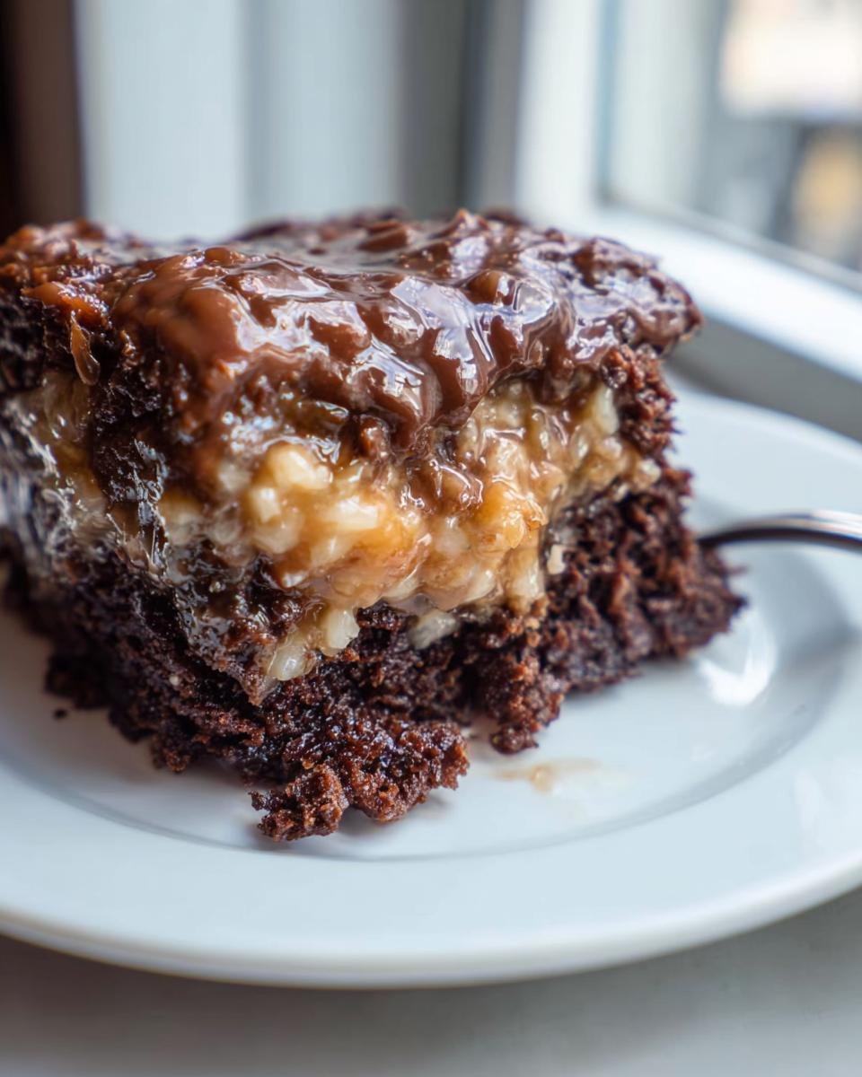 A decadent slice of Easy German Chocolate Poke Cake with rich chocolate frosting and coconut pecan filling.