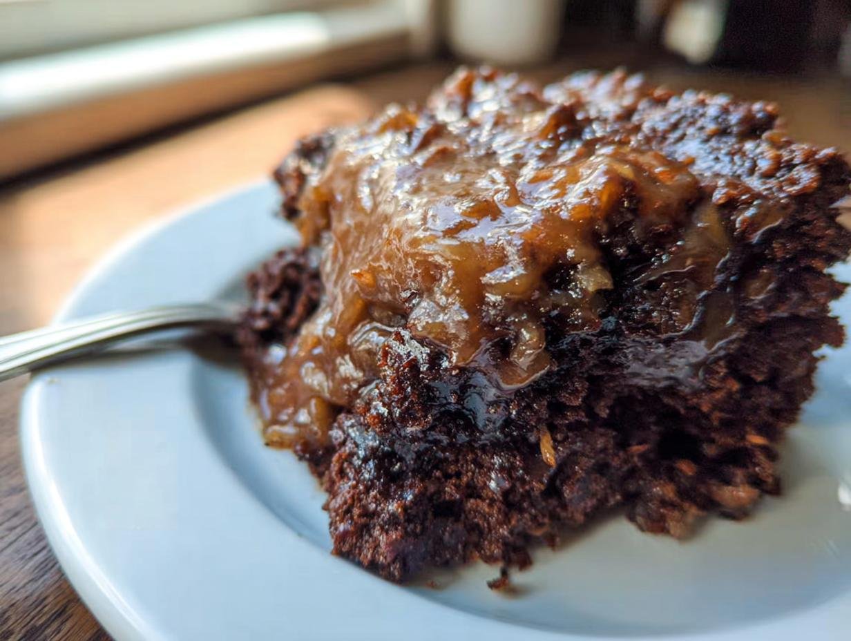 A close-up of a slice of Easy German Chocolate Poke Cake topped with a rich, gooey coconut pecan frosting.