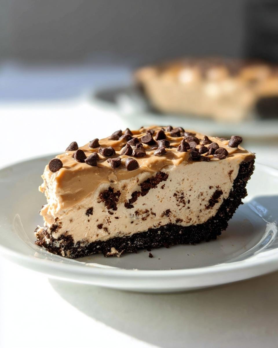 A slice of easy peanut butter pie recipe with a chocolate crust and chocolate chips on top.
