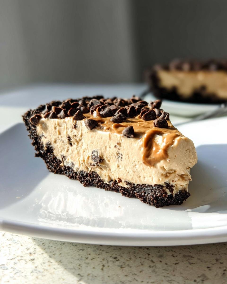 A slice of easy peanut butter pie with chocolate chips and a chocolate crust, topped with peanut butter drizzle.