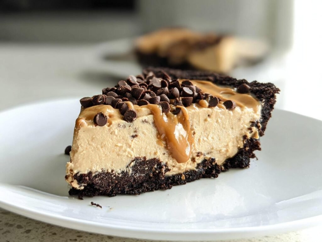 A delicious slice of easy peanut butter pie, topped with chocolate chips and a drizzle of caramel.