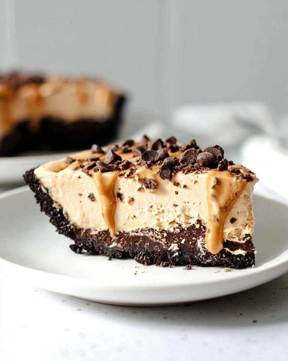 A delicious slice of easy peanut butter pie with chocolate crust, peanut butter filling, chocolate chips, and caramel drizzle.