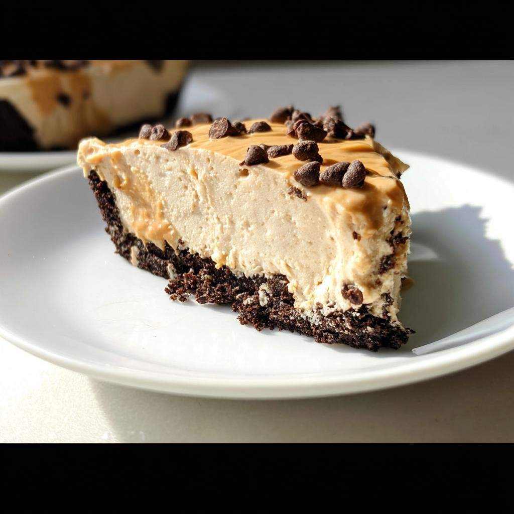 A delicious slice of easy peanut butter pie with a chocolate crust, topped with chocolate chips.