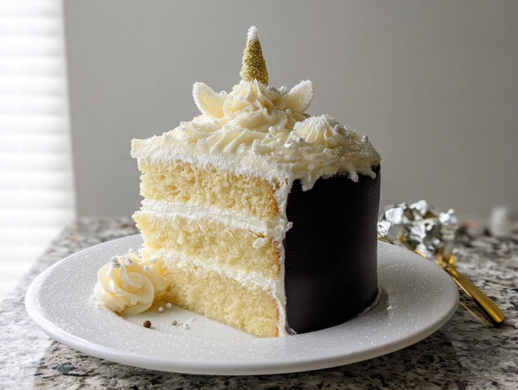 A slice of the 3 Layer Eve Sparkle Cake, featuring white frosting, a golden horn, and edible glitter.