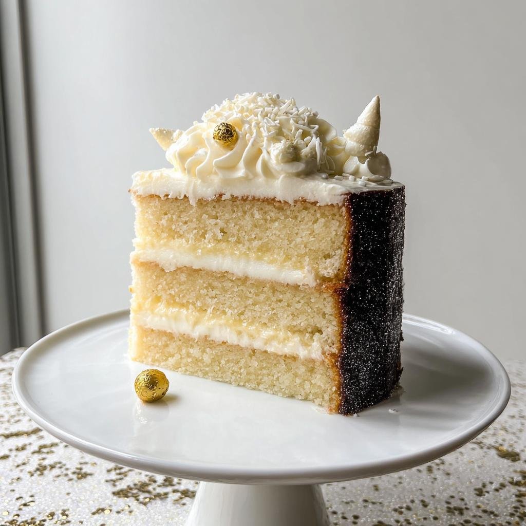 A slice of the 3-layer Eve Sparkle Cake, decorated with white frosting, sprinkles, and gold accents.