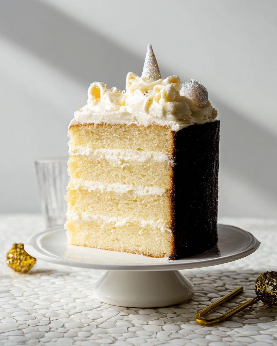 A slice of the 3-layer Eve Sparkle Cake, featuring white frosting and festive decorations like a glittery cone.