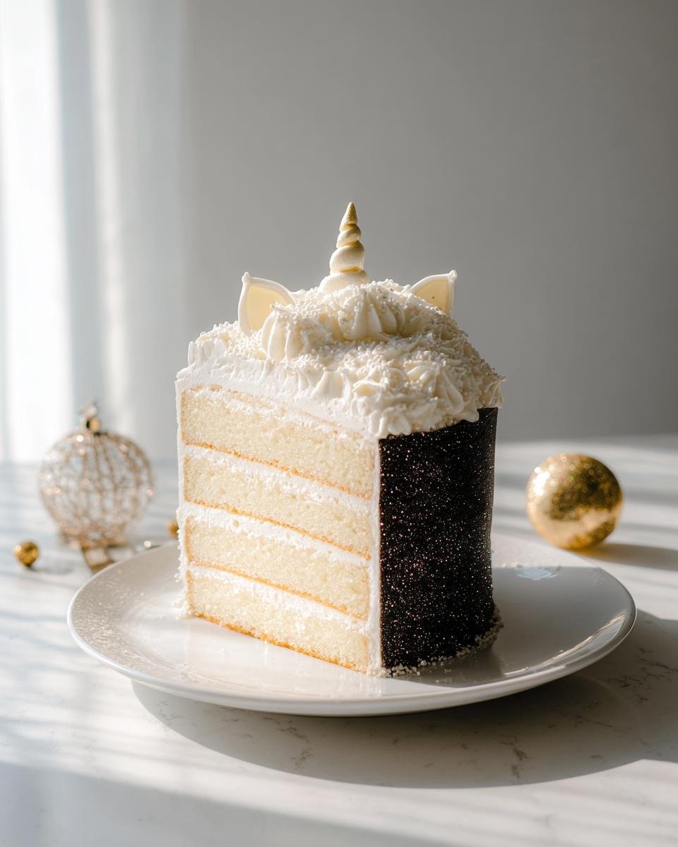 A slice of the 3-layer Eve Sparkle Cake, decorated with a unicorn horn and ears, and covered in dark glitter.