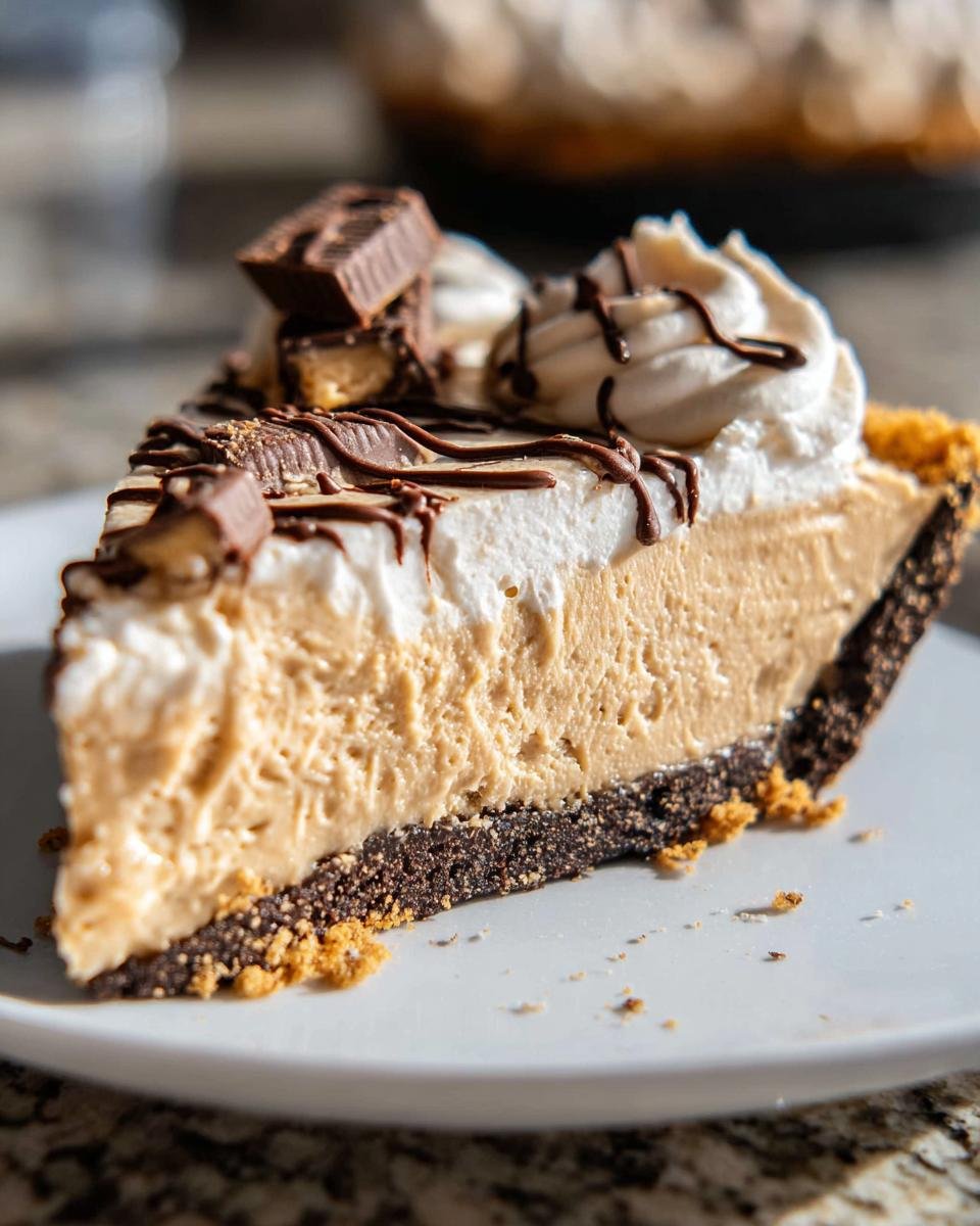 A slice of delicious peanut butter pie, a favorite no bake dessert, topped with whipped cream, chocolate drizzle, and candy pieces.