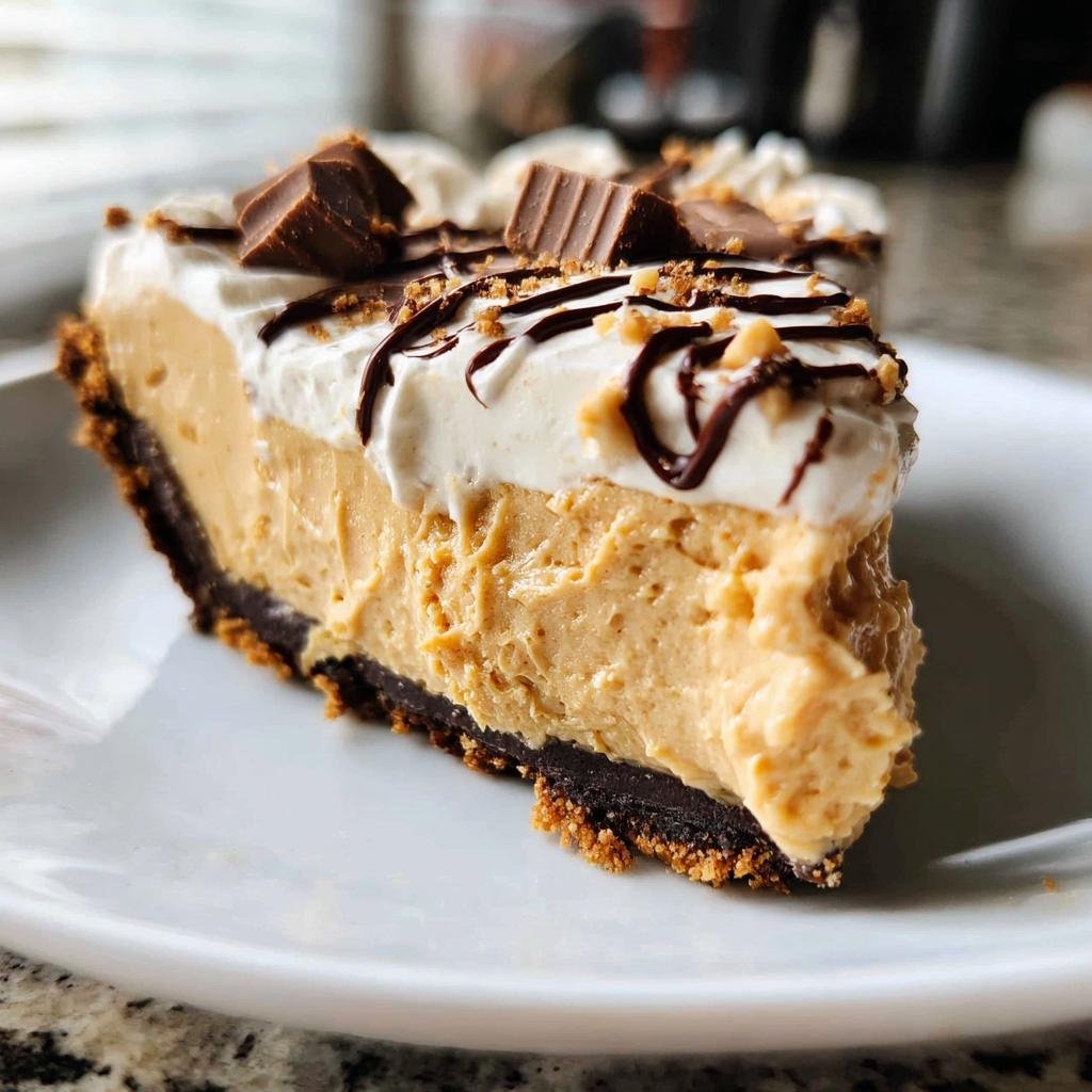 A delicious slice of no bake peanut butter pie topped with whipped cream, chocolate drizzle, and peanut butter cups.
