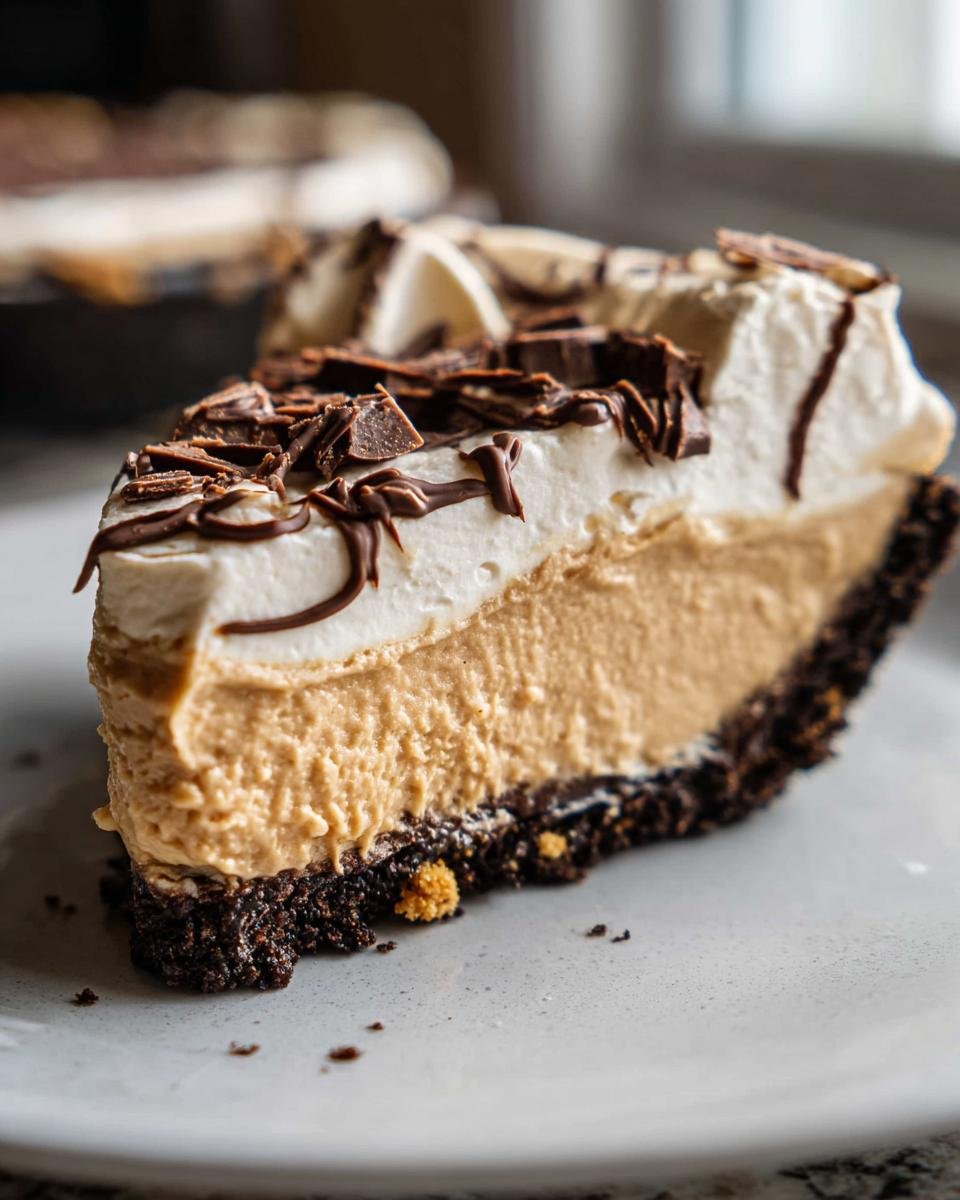 A delicious slice of no bake peanut butter pie, topped with whipped cream and chocolate shavings.