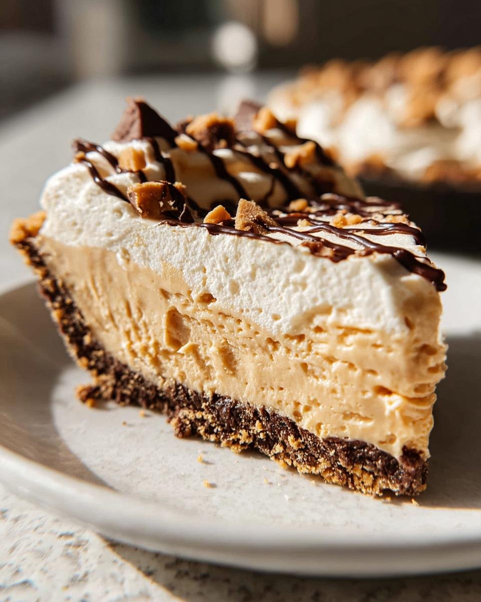 A delicious slice of Favorite No Bake Peanut Butter Pie, topped with whipped cream, chocolate drizzle, and peanut butter crumbles.