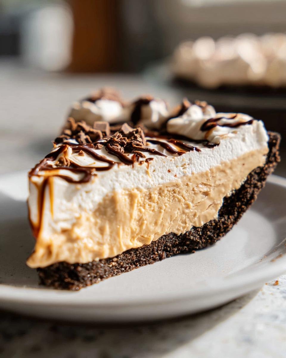 A delicious slice of Favorite No Bake Peanut Butter Pie with whipped cream and chocolate drizzle.