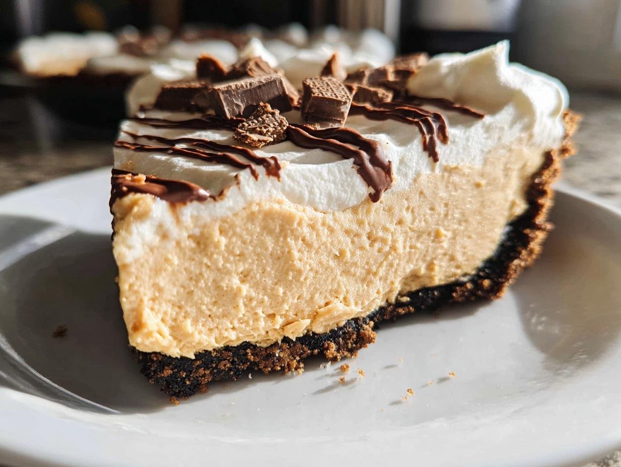 A delicious slice of no bake peanut butter pie with whipped cream and chocolate drizzle.